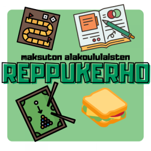 Teksti: reppukerho värikkäällä pohjalla.