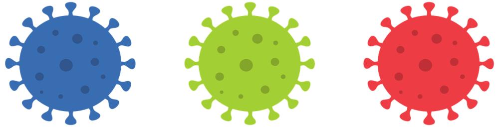 Kuvituskuva: kolme korona-virusta symboloivaa palloa, jotka väreiltään sininen, vihreä ja punainen
